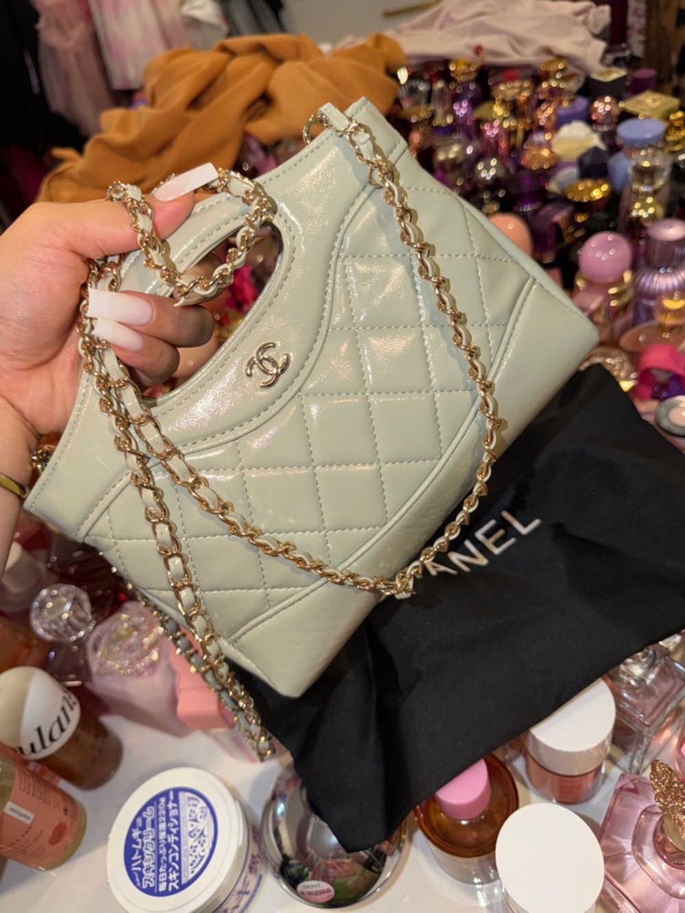 CC Mini Quilted Tote in Light Mint with Gold Chain
